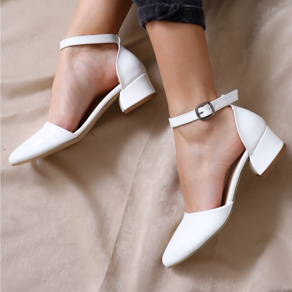White 1.5” block heel with ankle strap